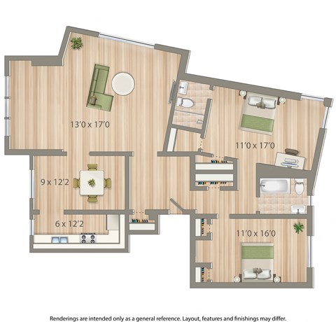 Floor plan for 2 beds, 2 baths, 1150 sqft